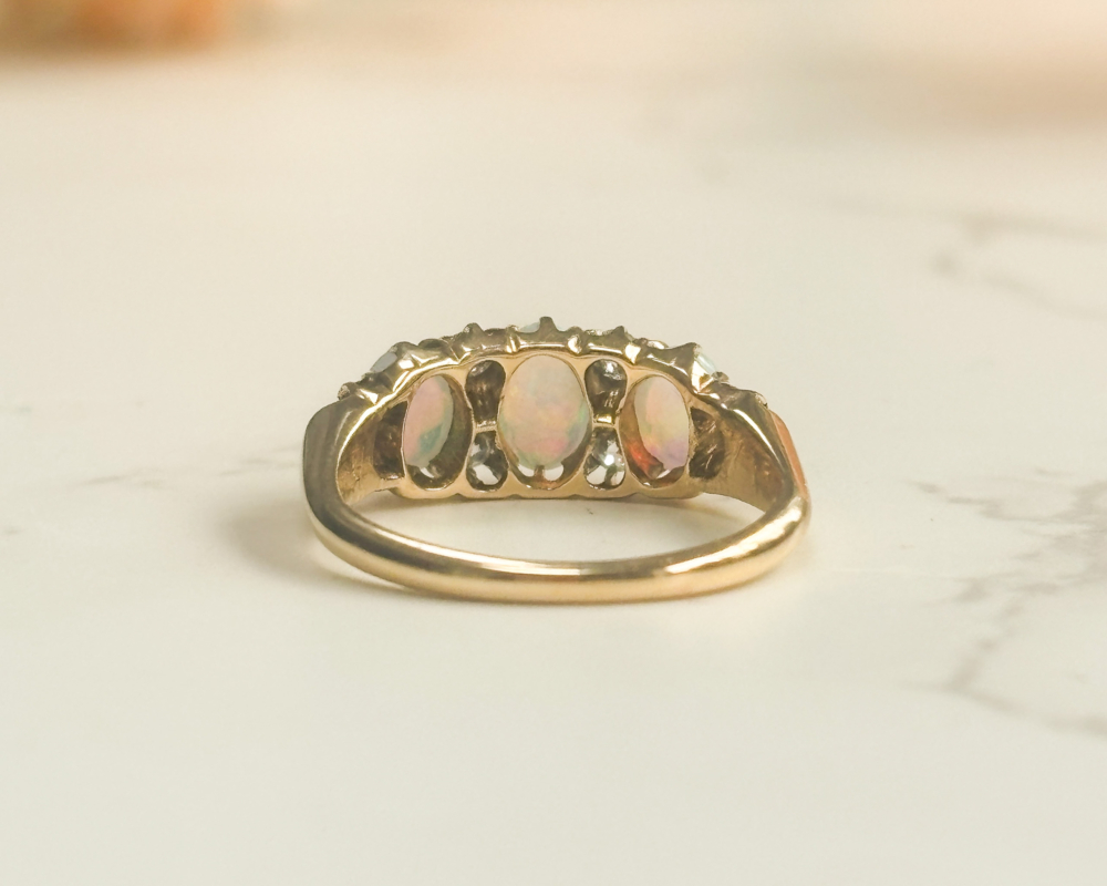 antique Victorian opal and diamond ring im 18ct yellow gold for sale in Leeds, showing the back of the ring