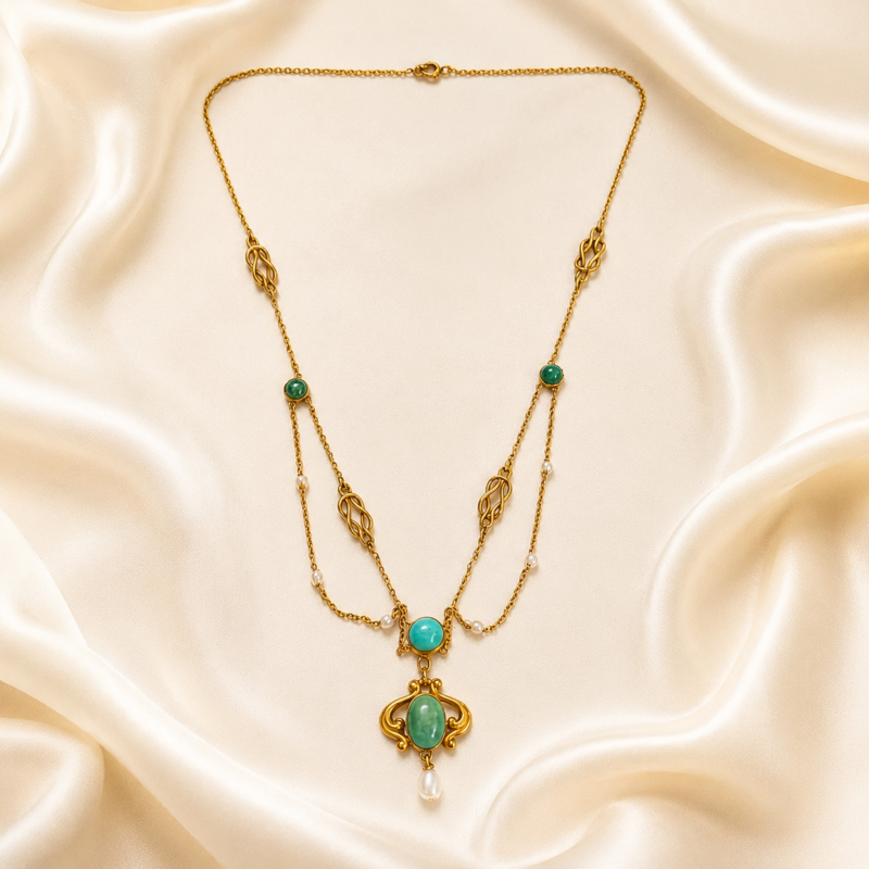 antique Victorian turquoise and pearl necklace in 15ct gold for sale in Leeds