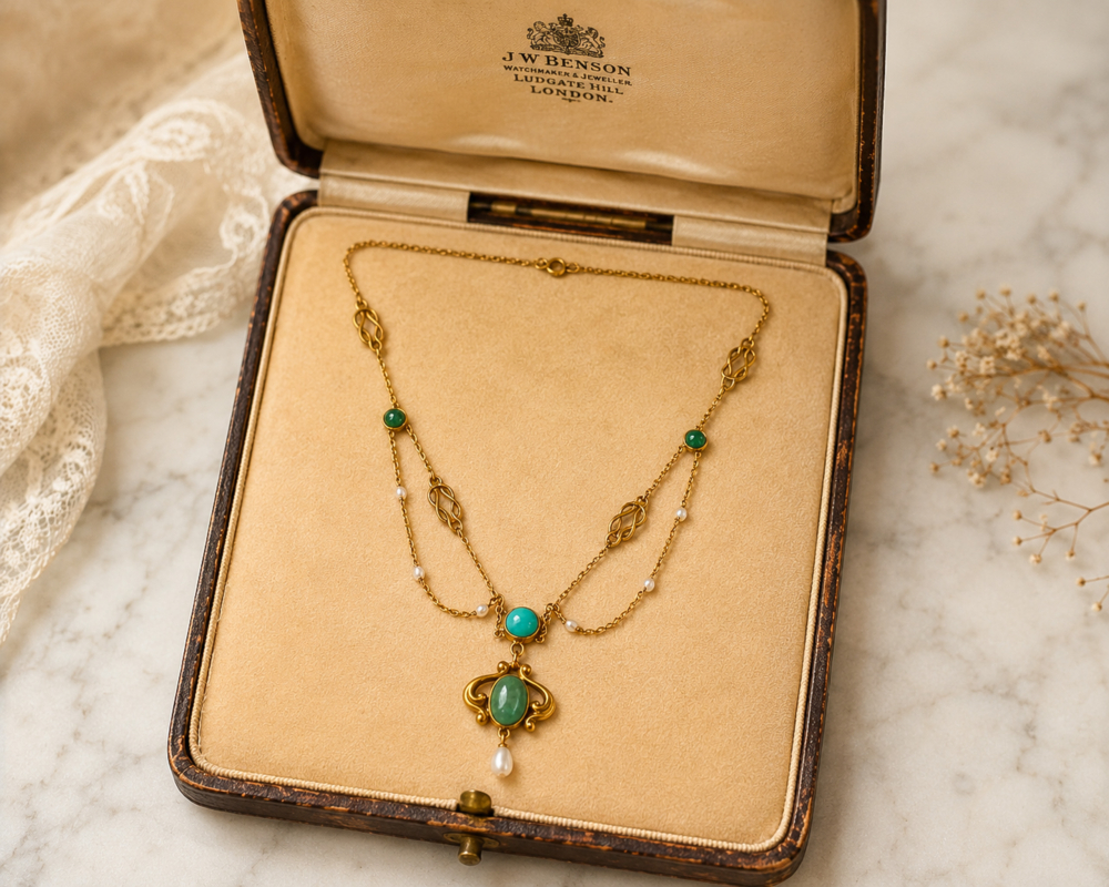 antique Victorian turquoise and pearl necklace in 15ct gold for sale in Leeds, shown in an antique box