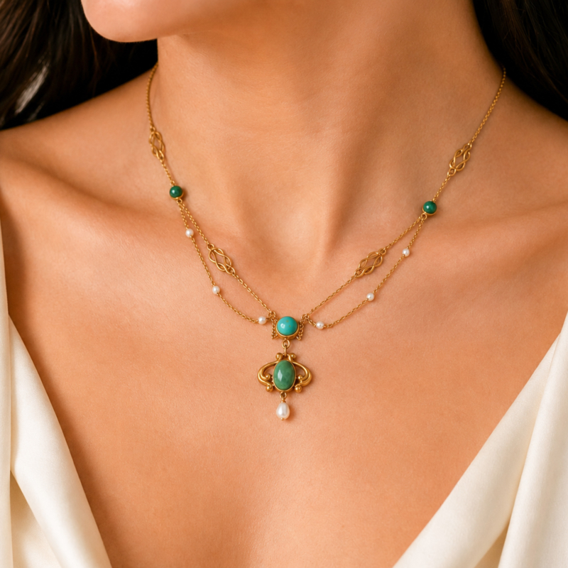 antique Victorian turquoise and pearl necklace in 15ct gold for sale in Leeds, shown on a model's neck