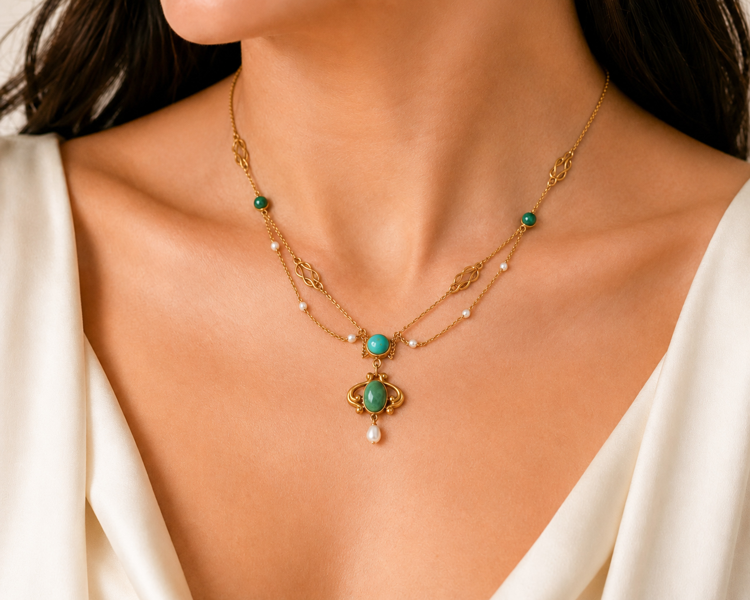 victorian turquoise necklace on model
