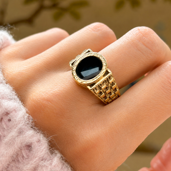vintage onyx signet ring circa 1970s. Signet ring for him for sale in Leeds on a model's hand