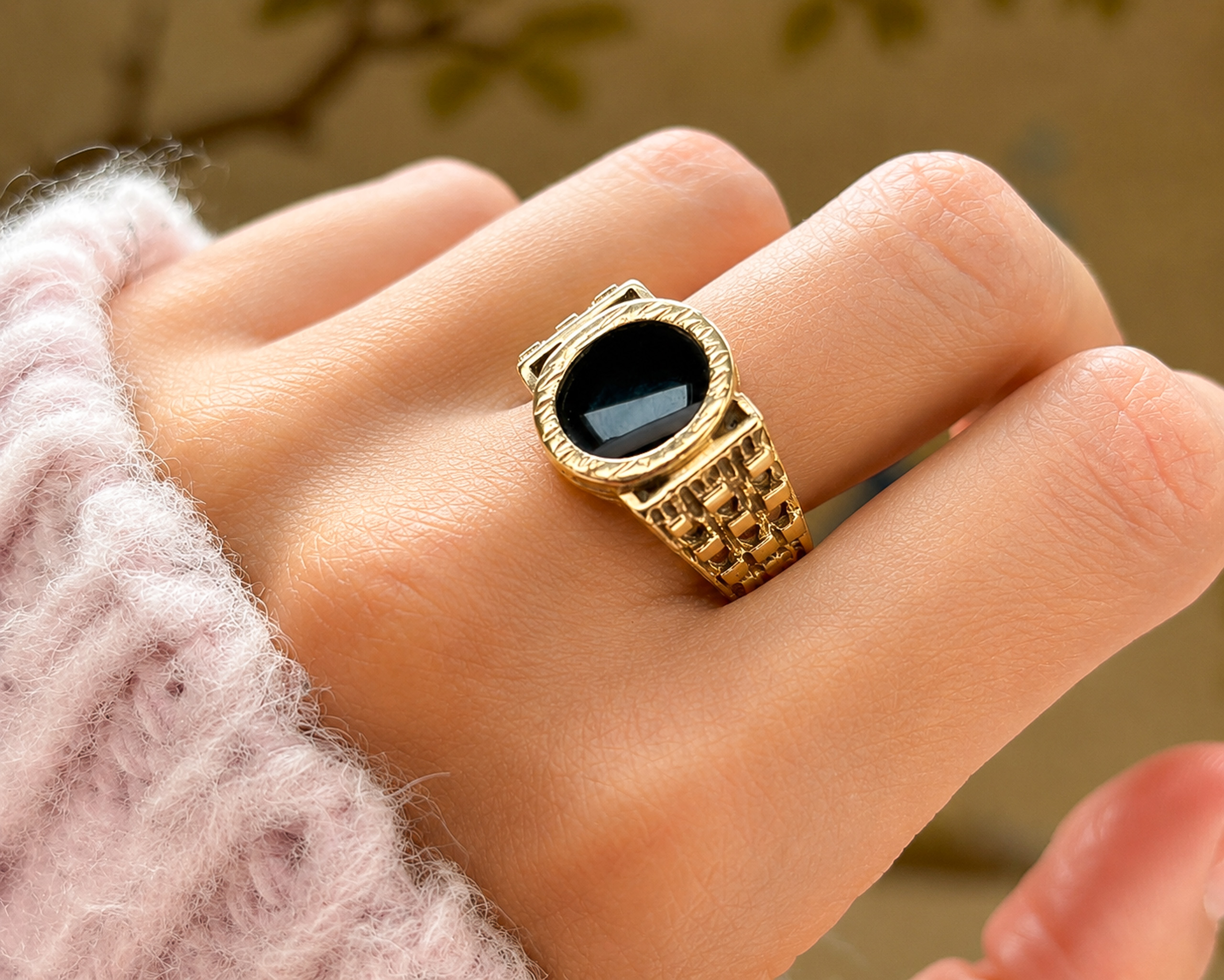 vintage onyx signet on hand