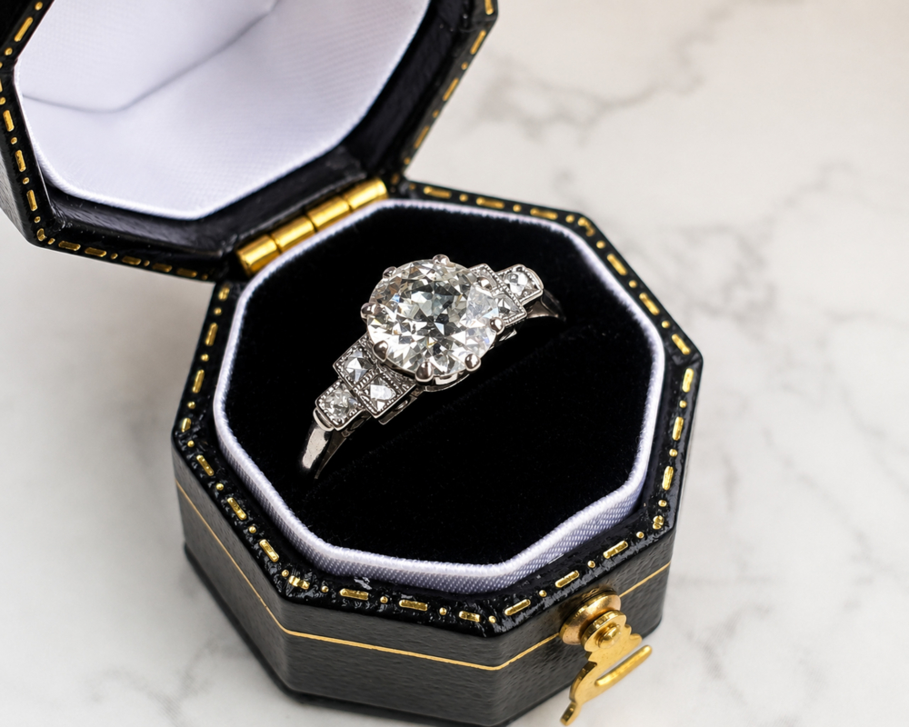 Art Deco 1.5ct diamond solitaire ring VVS1 clarity in platinum. Old cut centre stone and french cut side diamonds. For sale in Leeds, shown in a black box