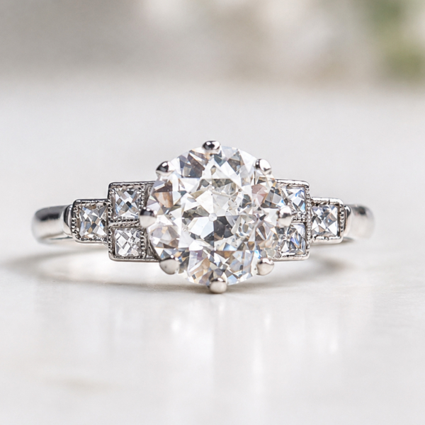 Art Deco 1.5ct diamond solitaire ring VVS1 clarity in platinum. Old cut centre stone and french cut side diamonds. For sale in Leeds