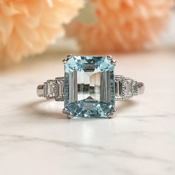 art deco style aquamarine and diamond ring in platinum for sale in Leeds
