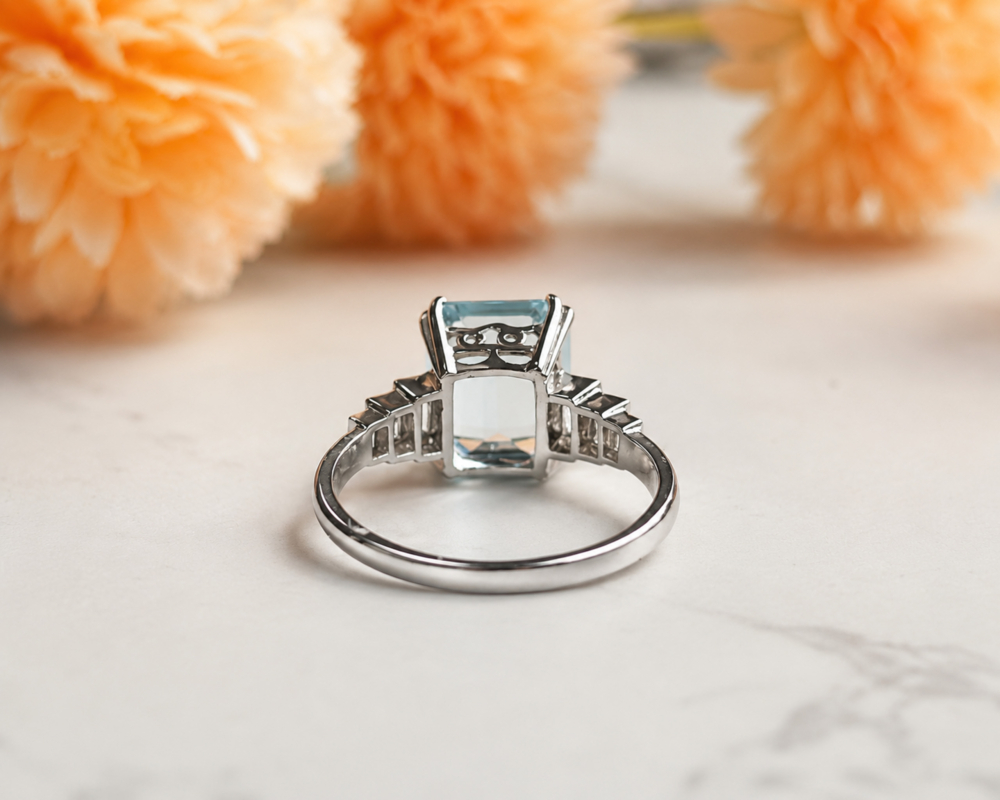 art deco style aquamarine and diamond ring in platinum for sale in Leeds, showing back view