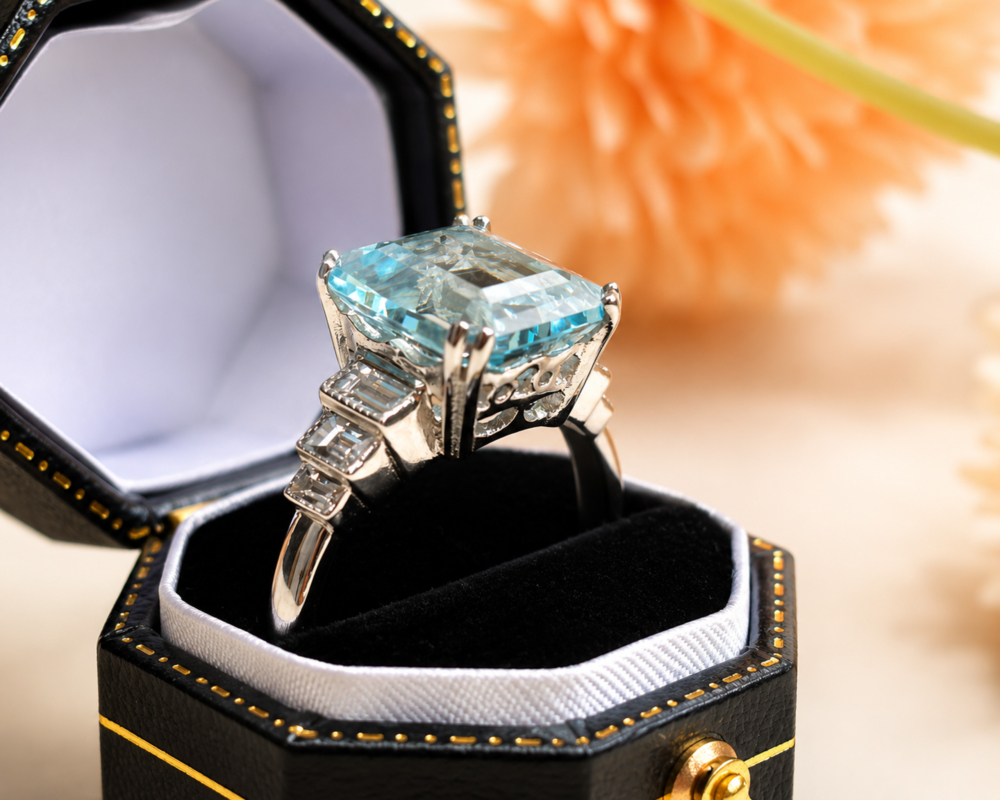 art deco style aquamarine and diamond ring in platinum for sale in Leeds, shown in box showing the gallery