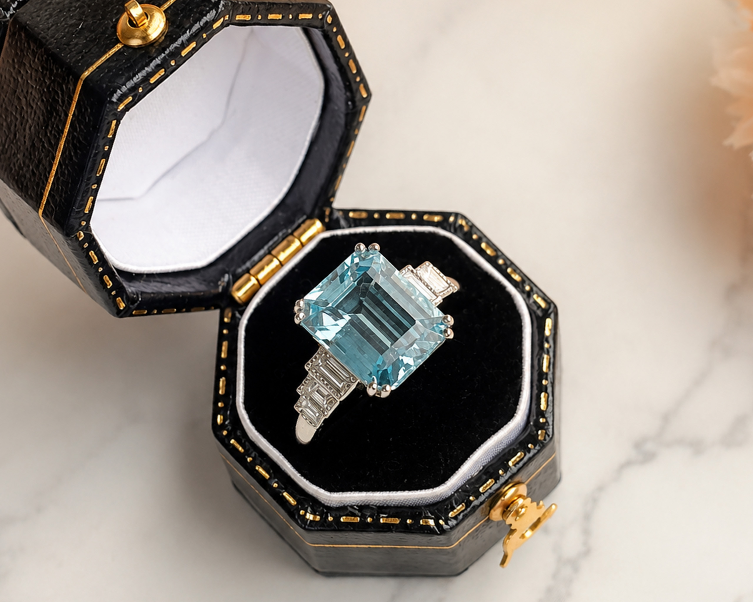 art deco style aquamarine ring in box