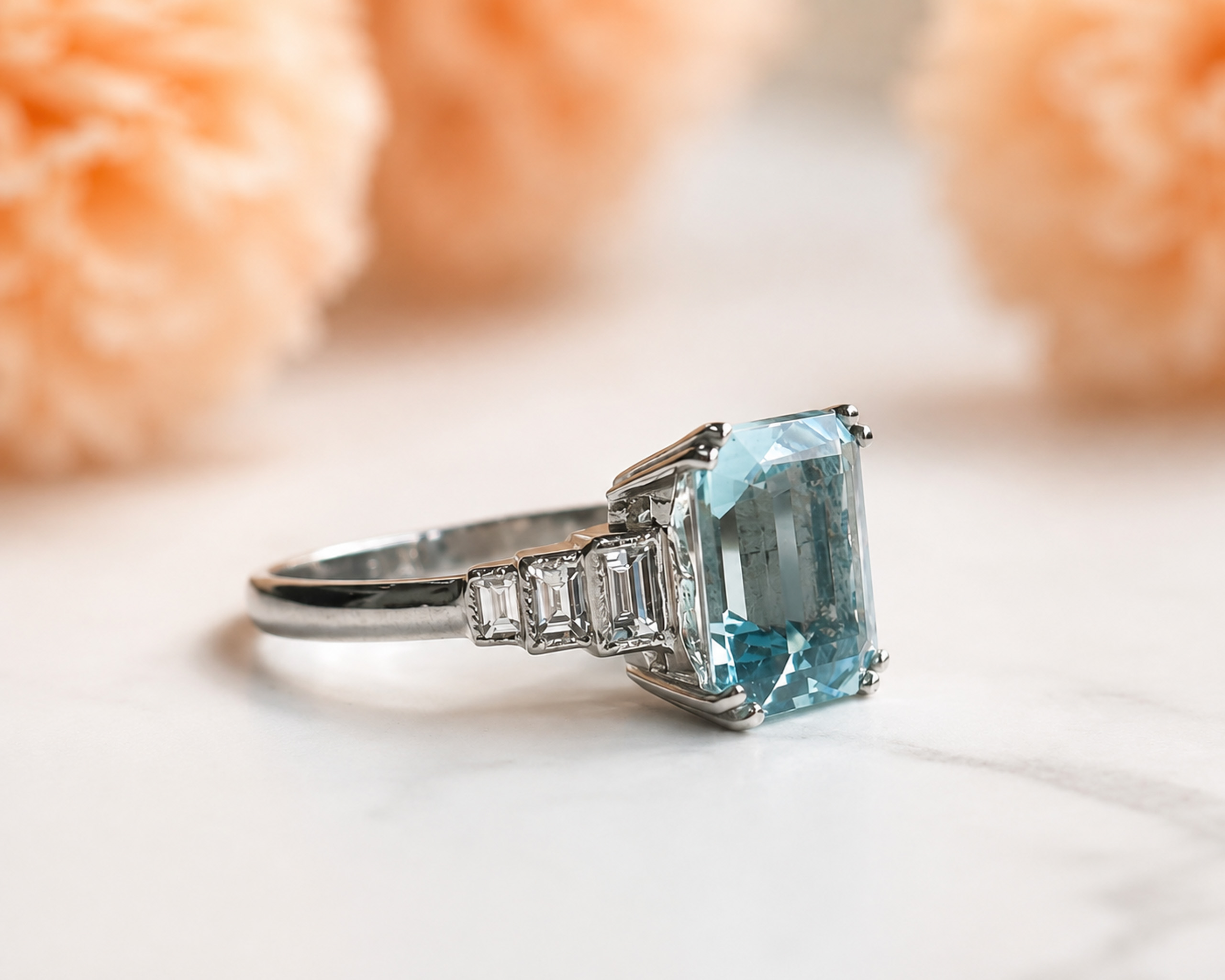 art deco style aquamarine ring side view