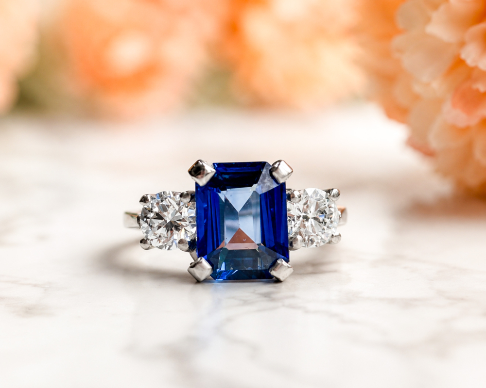 Art Deco style sapphire and diamond three stone ring in platinum for sale in Leeds