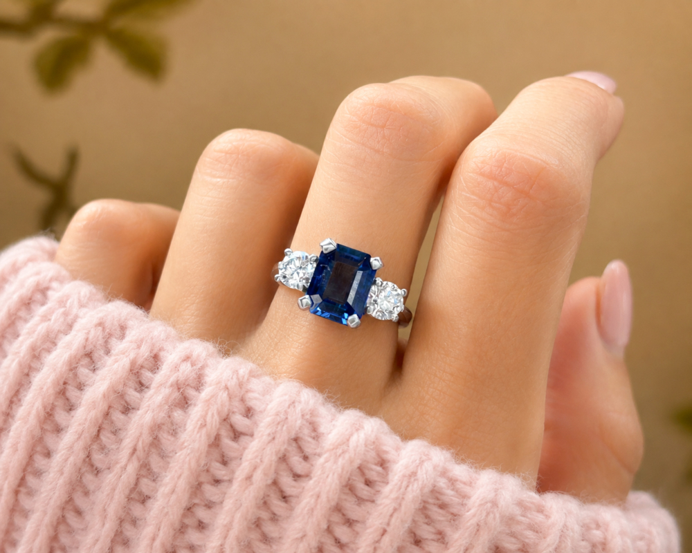 Art Deco style sapphire and diamond three stone ring in platinum for sale in Leeds shown on hand
