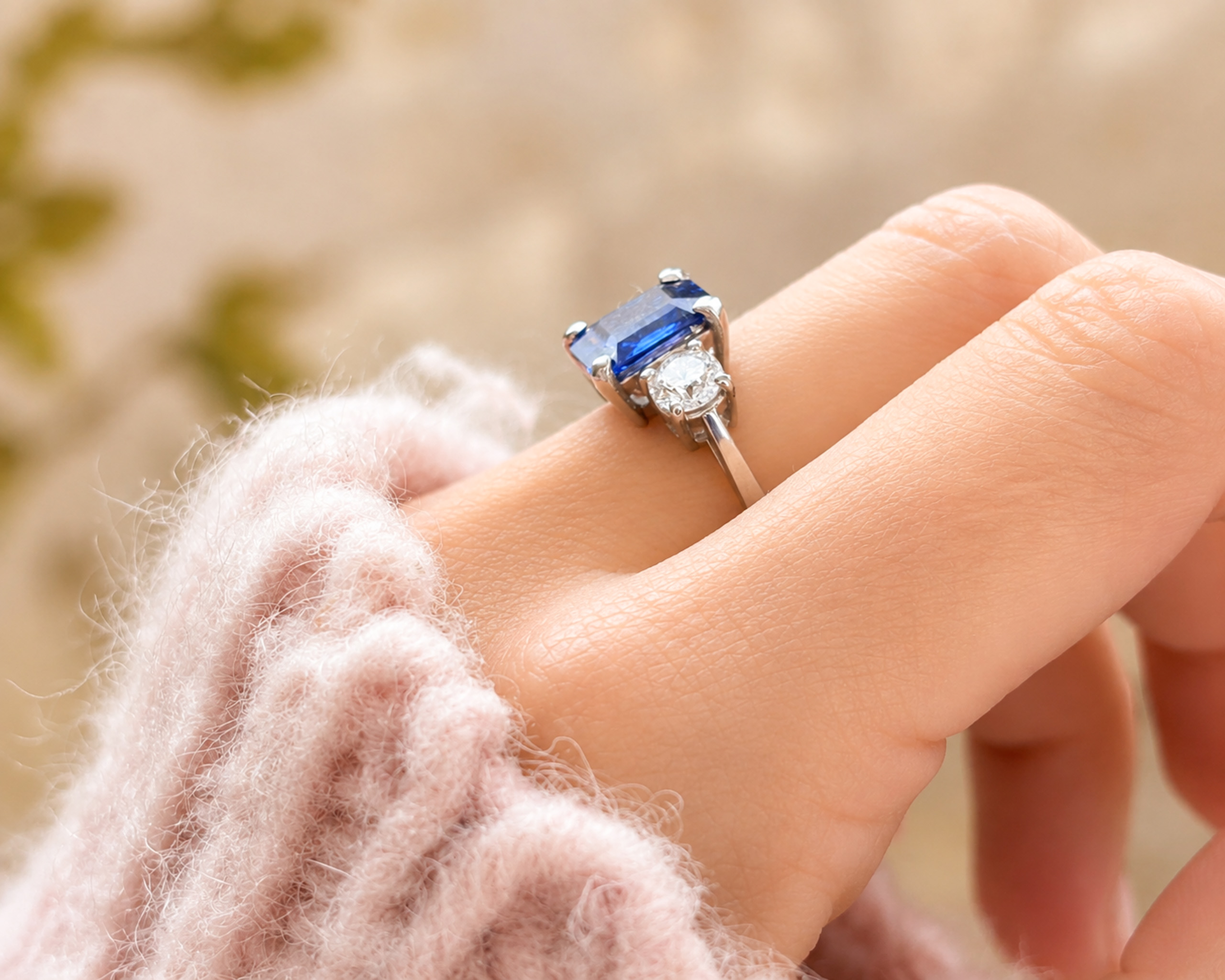 art deco style sapphire on model finger side – Copy