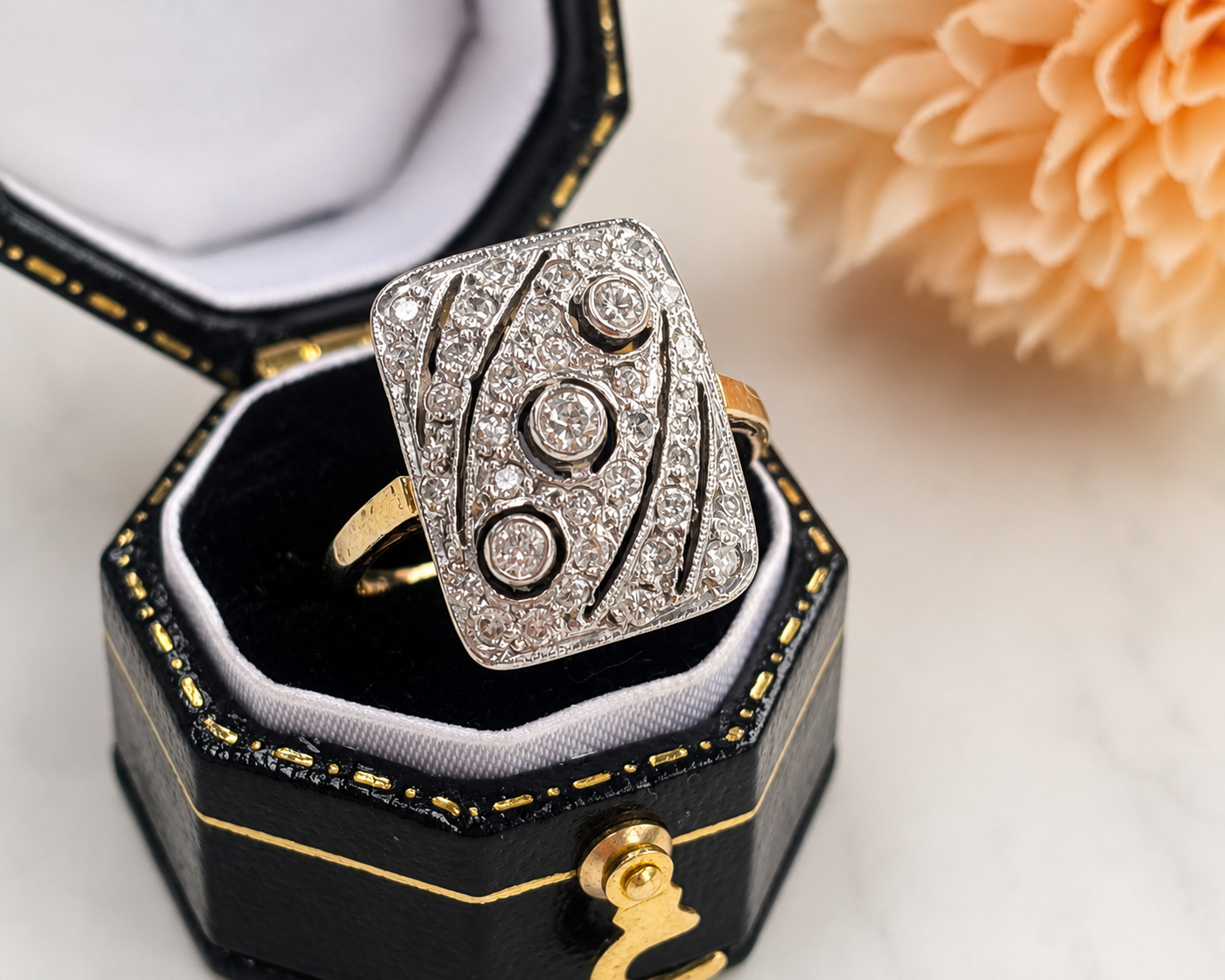 diamond art deco style panel ring in box
