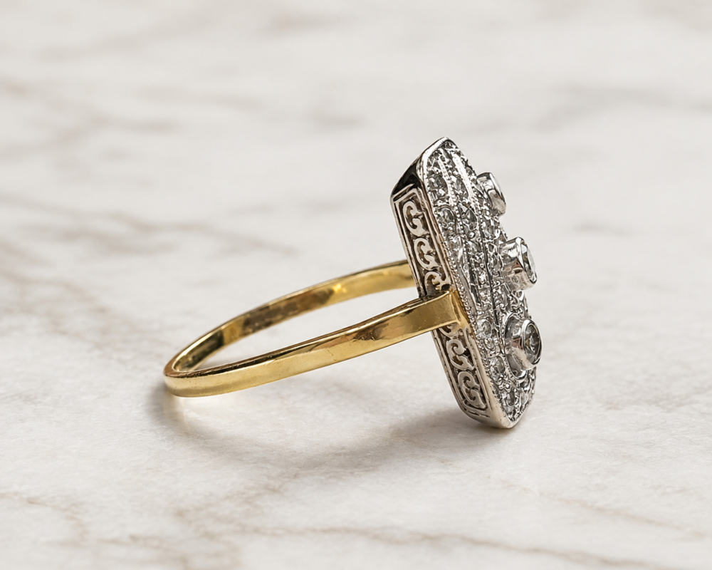 Art Deco style diamond panel ring in 18ct yellow gold for sale in Leeds, showing side view