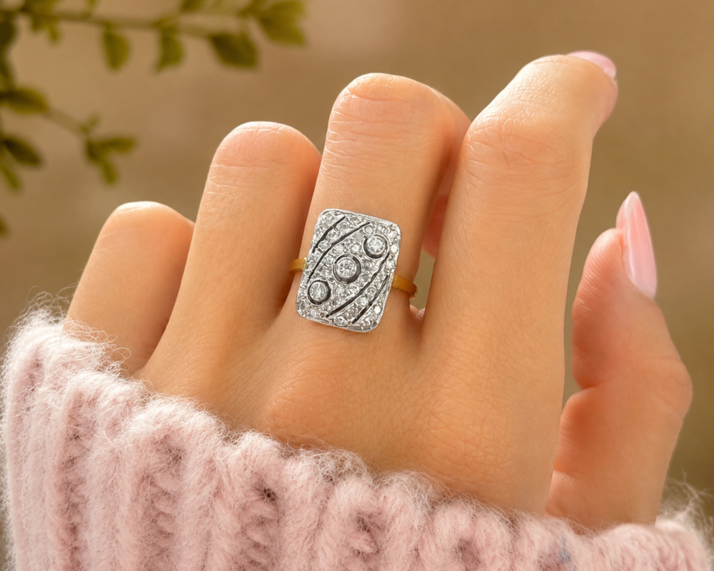 Art Deco style diamond panel ring in 18ct yellow gold for sale in Leeds, shown on models hand