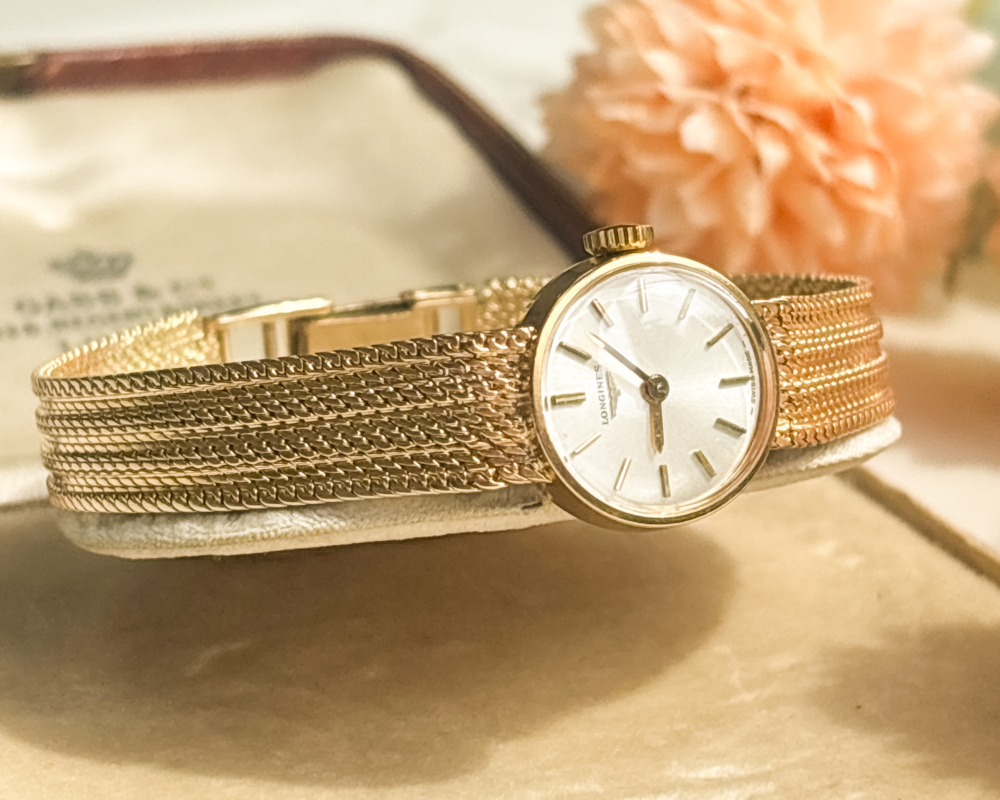 vintage 9ct gold Longines wristwatch dated 1966. For sale in Leeds. shown in an antique box