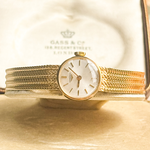 vintage 9ct gold Longines wristwatch dated 1966. For sale in Leeds. shown in an antique box