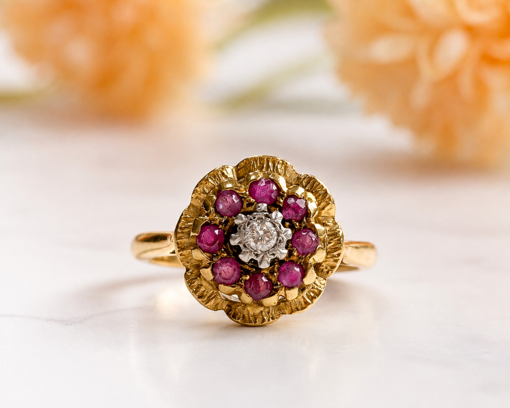 mid century ruby ring vintage ruby and diamond cluster ring in 18ct yellow gold circa 1950s for sale in Leeds