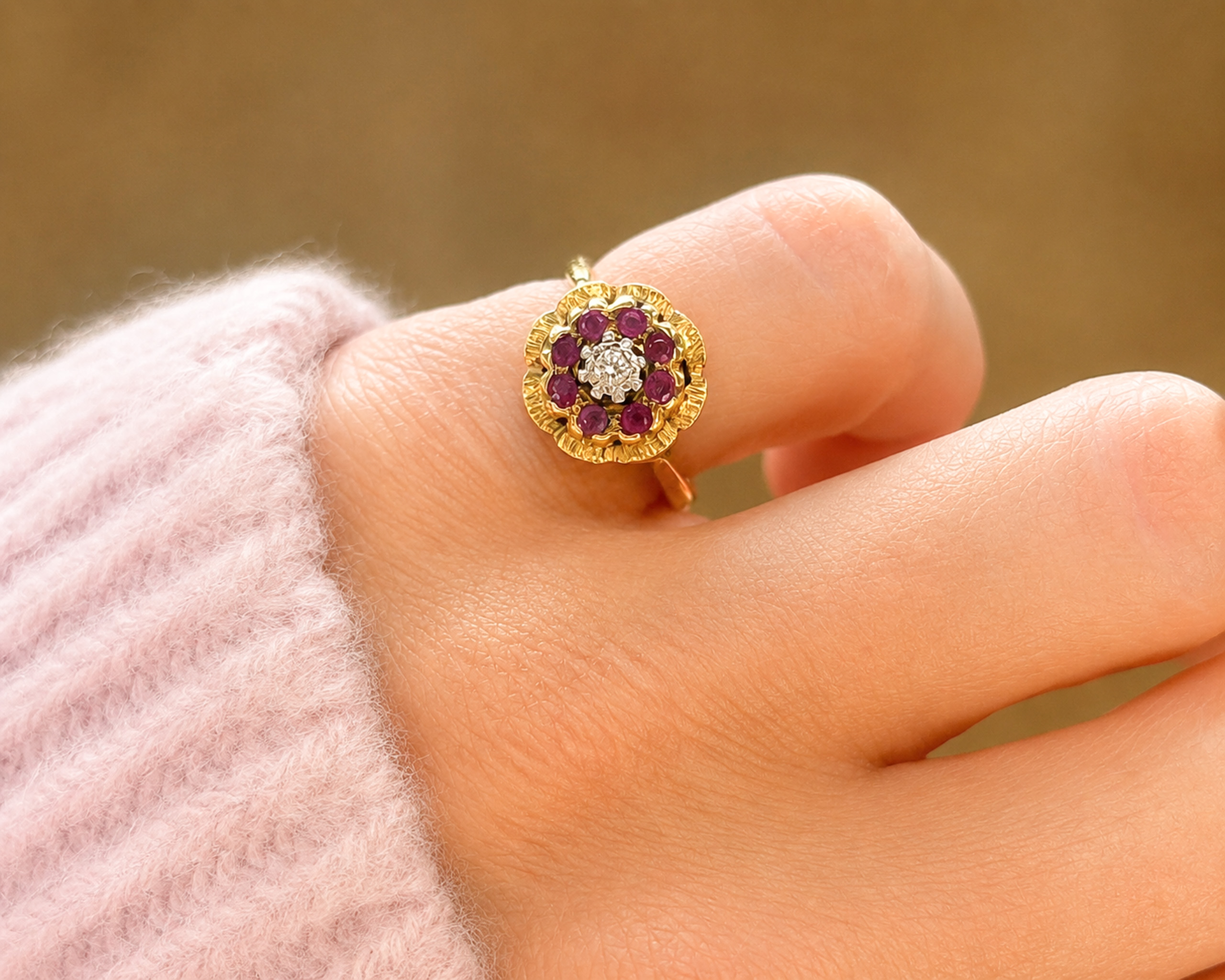 mid century ruby ring on hand