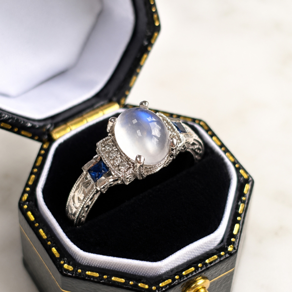 vintage moonstone, sapphire and diamond ring in 14ct white gold for sale in Leeds