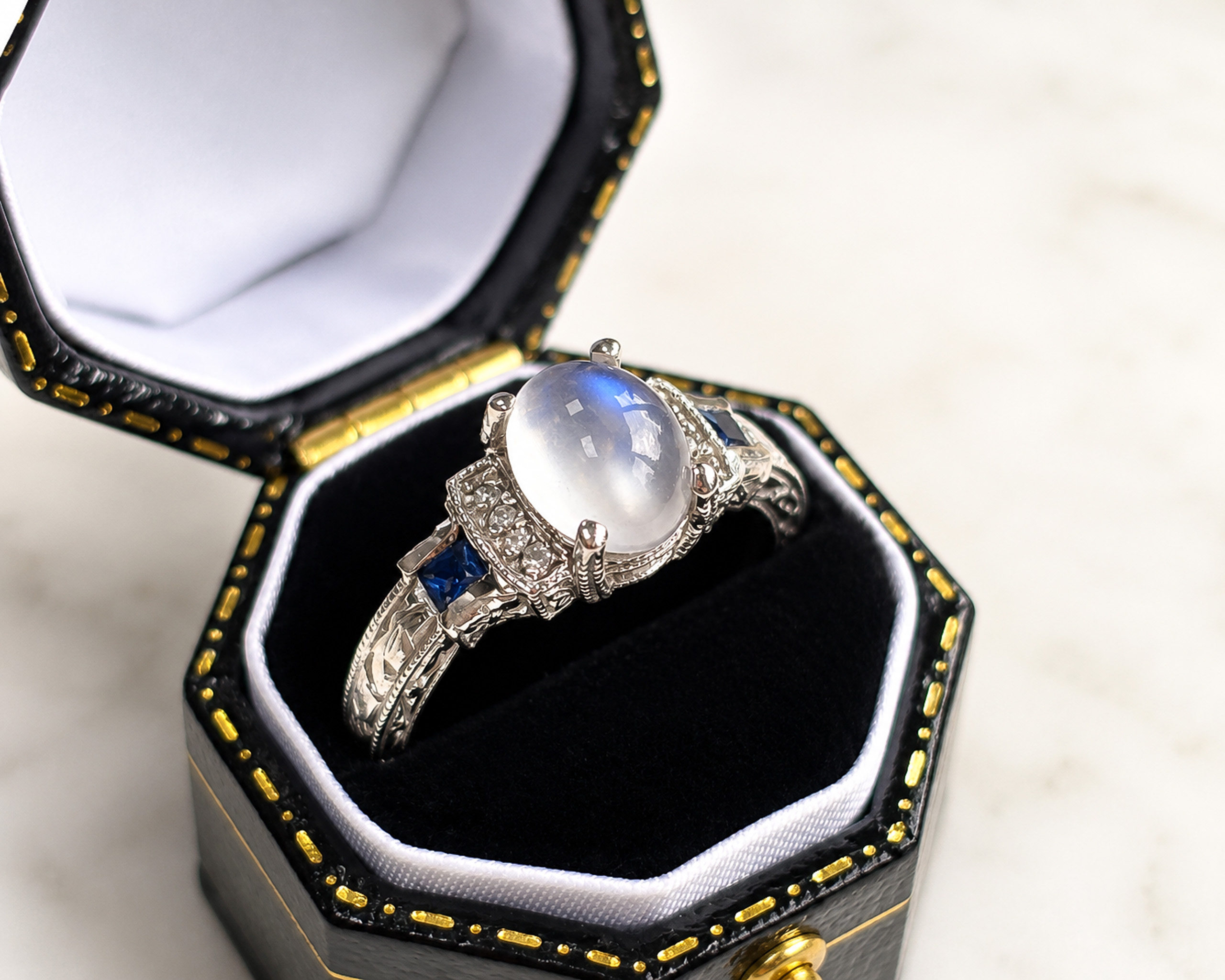vintage moonstone, sapphire and diamond ring in 14ct white gold for sale in Leeds