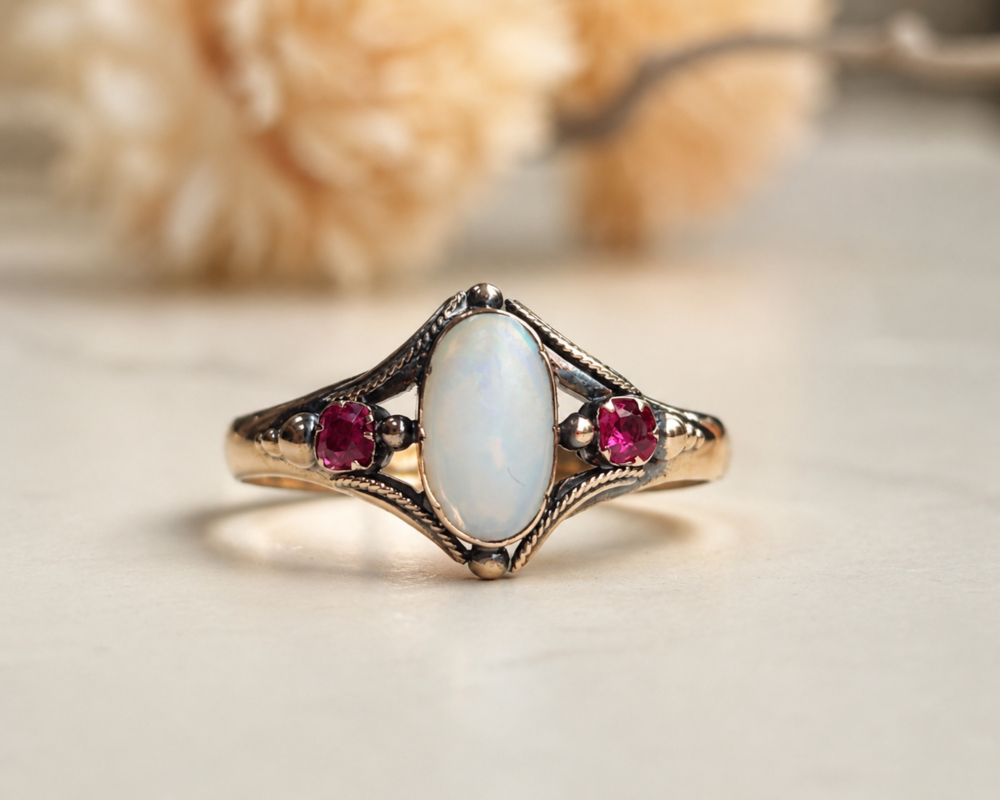 opal and ruby ring antique Victorian opal ring set with rubies in 15ct gold for sale in Leeds