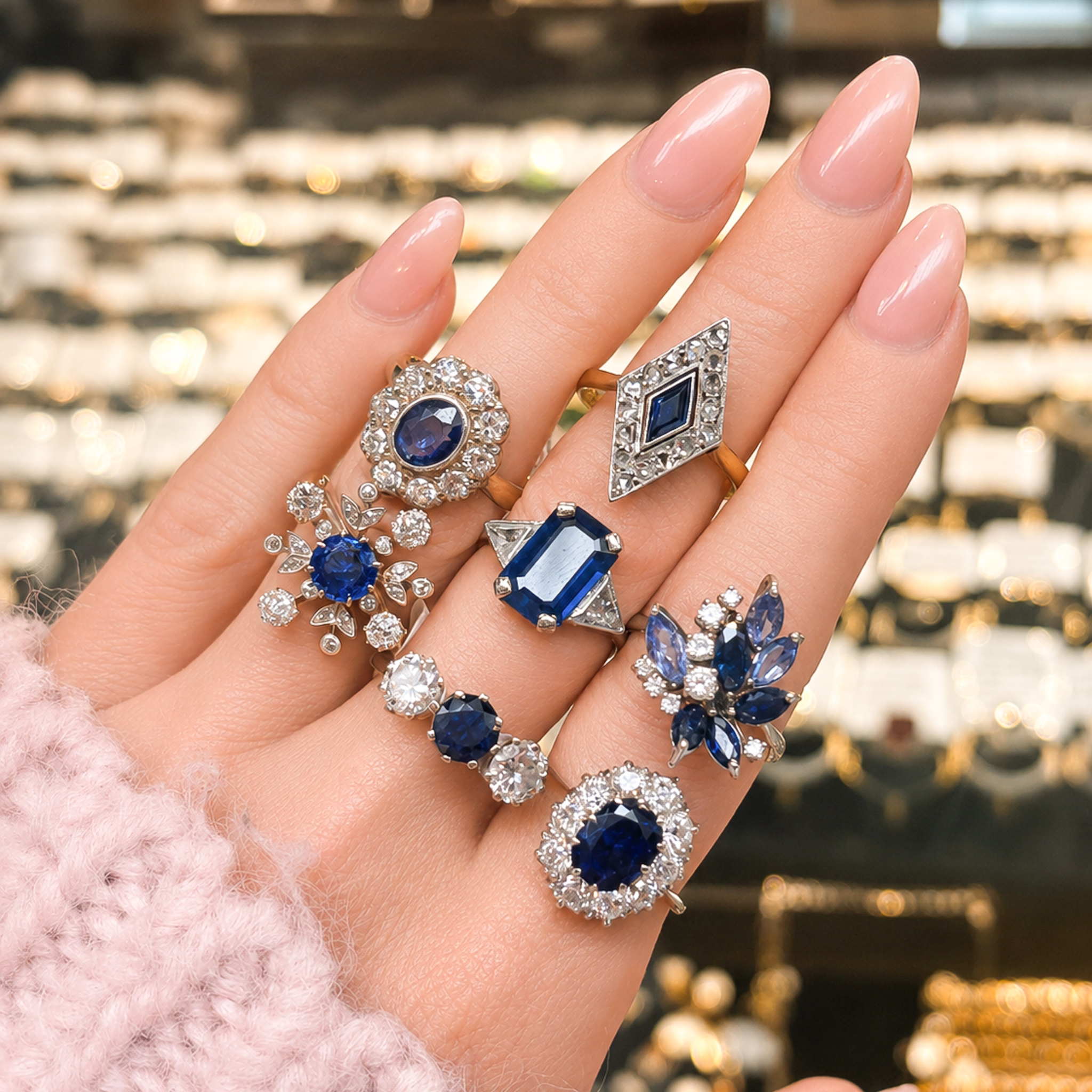a hand wearing lots of antique sapphire rings