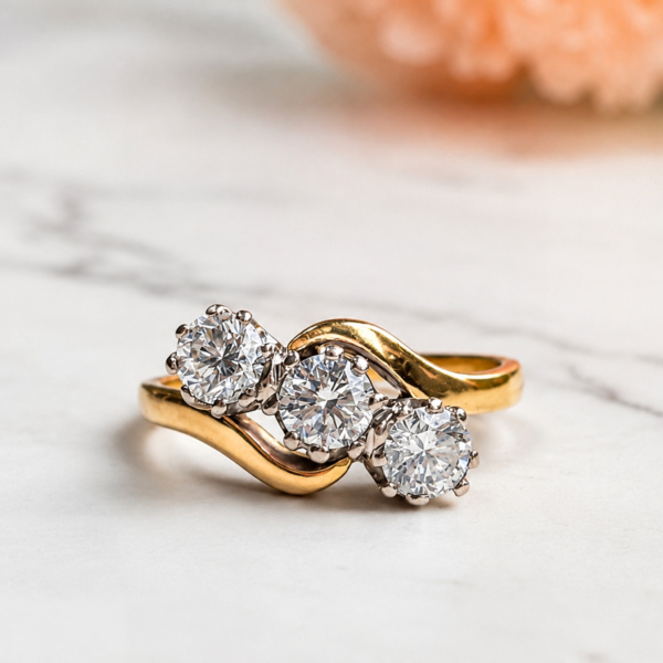 vintage three stone diamond bypass ring 1ct in 18ct yellow gold for sale in Leeds