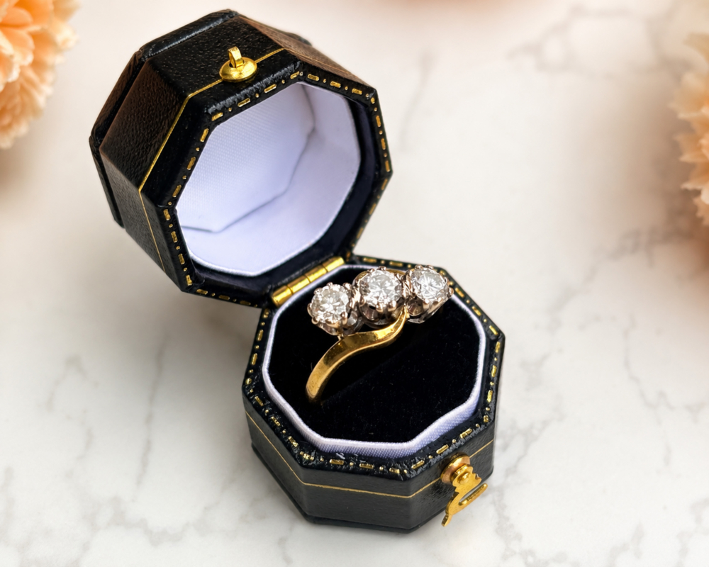 vintage three stone diamond bypass ring 1ct in 18ct yellow gold for sale in Leeds shown in a black box
