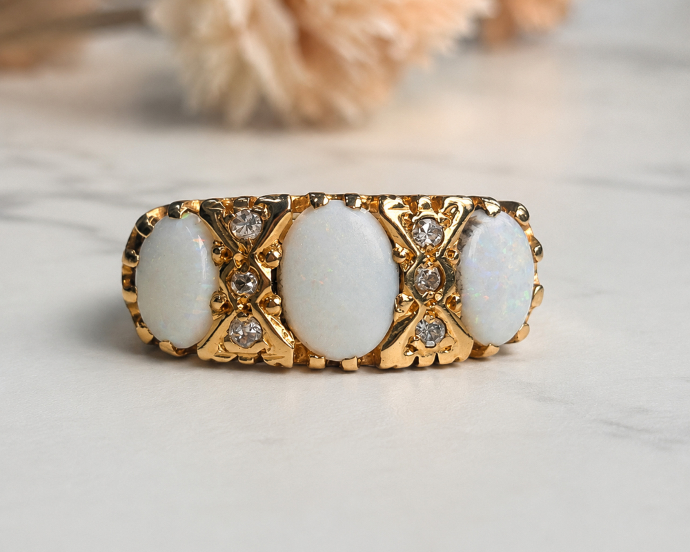 vintage three stone opal and diamond ring in 18ct yellow gold for sale in Leeds