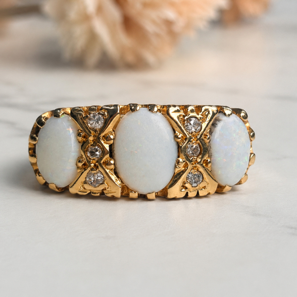 vintage three stone opal and diamond ring in 18ct yellow gold for sale in Leeds