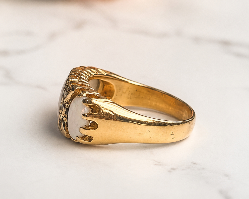 vintage three stone opal and diamond ring in 18ct yellow gold for sale in Leeds, showing side view