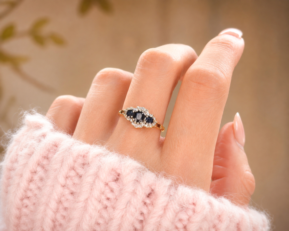 vintage 9ct gold sapphire and diamond ring for sale in Leeds, shown on model's hand