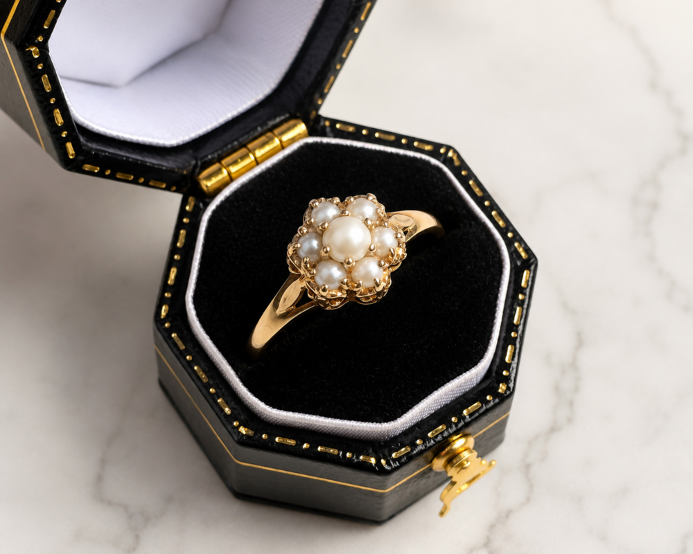 vintage pearl cluster ring in 9ct gold for sale in Leeds, in a black presentation box