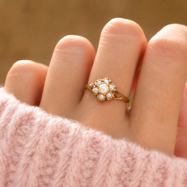 vintage pearl cluster ring in 9ct gold for sale in Leeds, shown on a model's hand