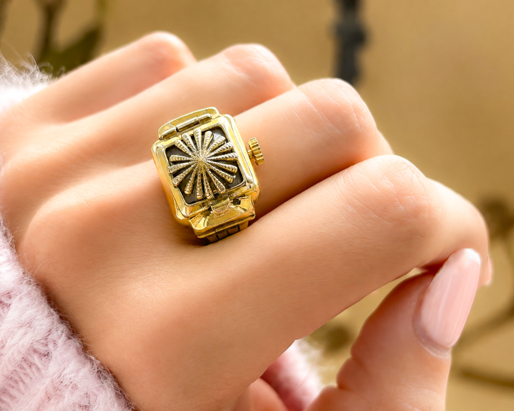 vintage gold metal ring watch circa 1950s/60s for sale in Leeds, shown on a hand