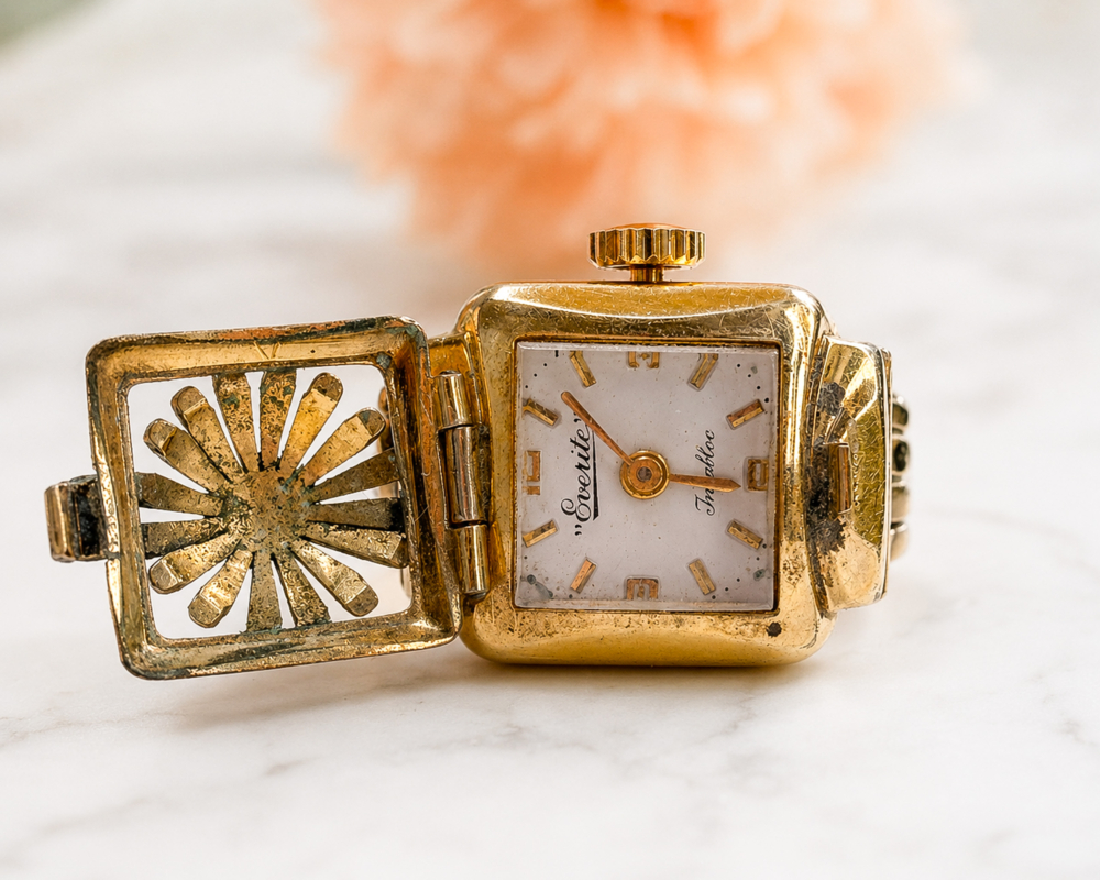 vintage gold metal ring watch circa 1950s/60s for sale in Leeds, showing the watch open
