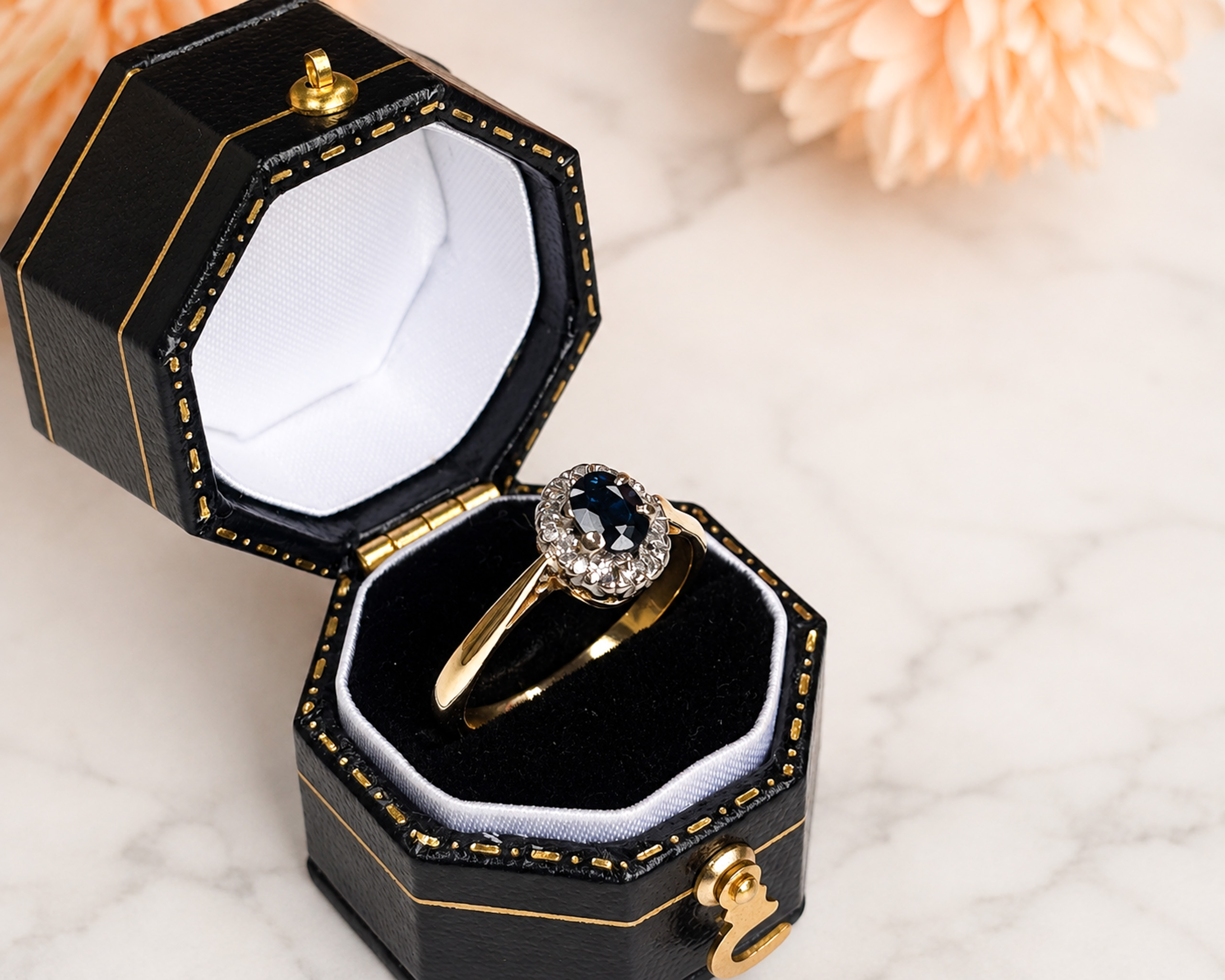 vintage sapphire and diamond cluster ring in box