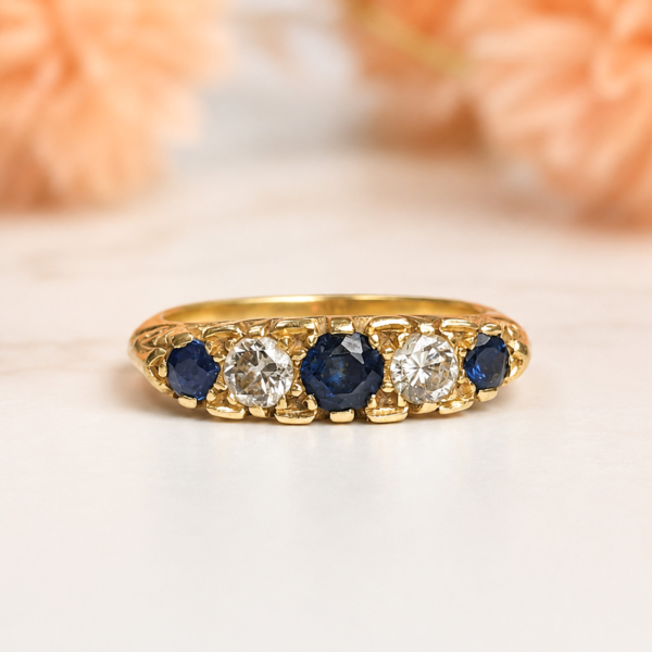 vintage 1960s sapphire and diamond five stone ring in 18ct yellow gold for sale in Leeds