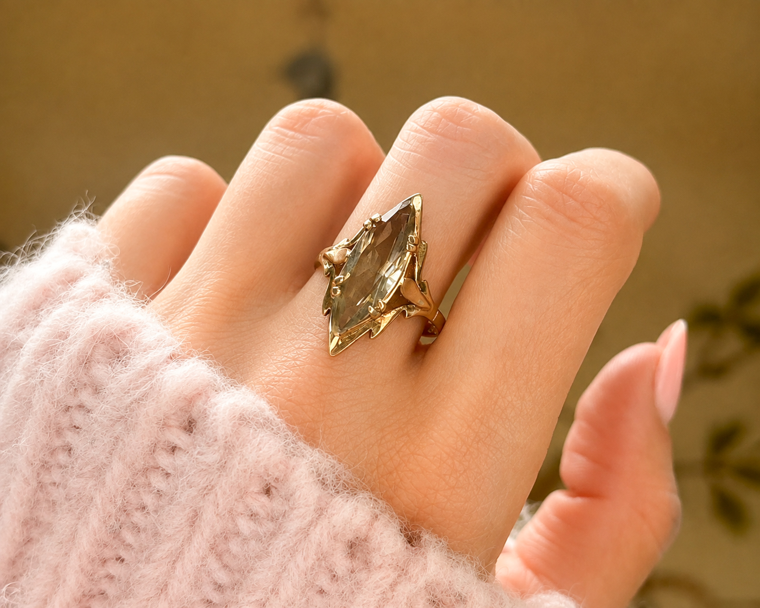 vintage smoky quartz ring on hand