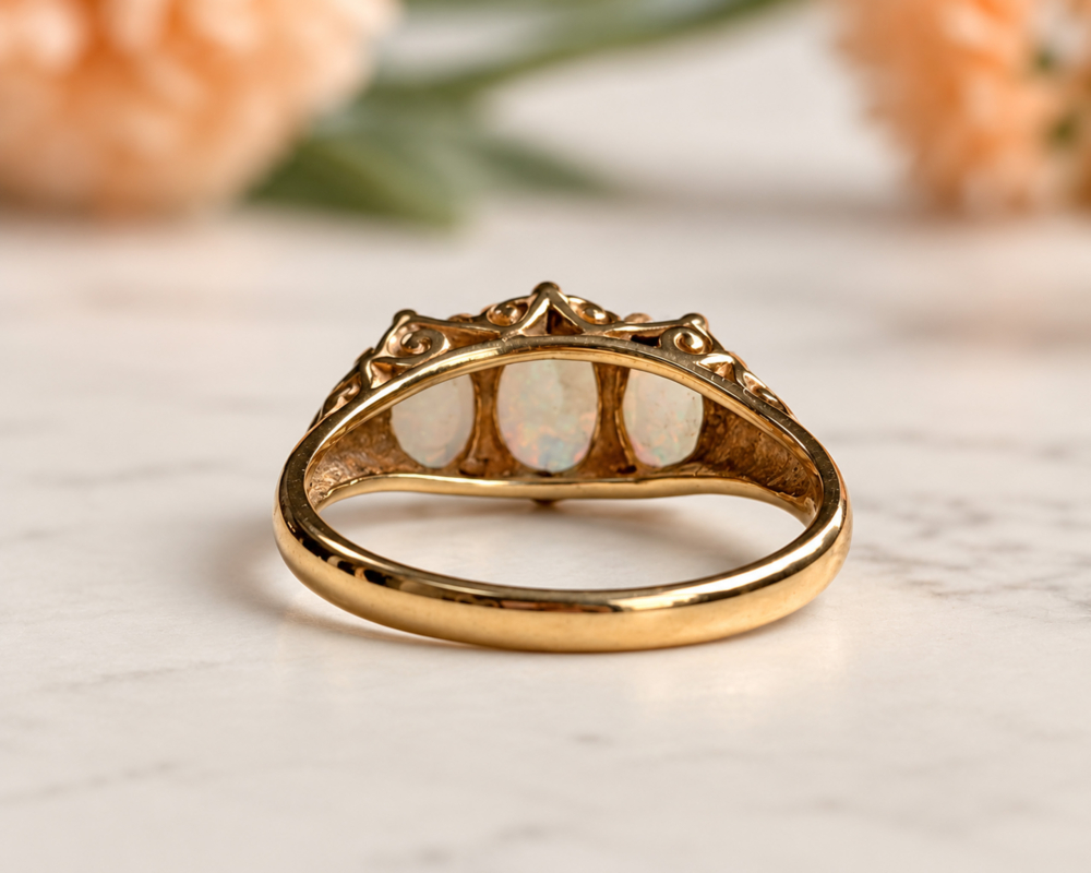 vintage 9ct gold opal ring three stone ring for sale in Leeds, showing rear view