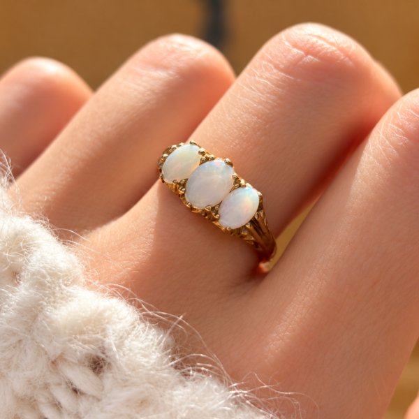 vintage 9ct gold opal ring three stone ring for sale in Leeds shown on a model's hand