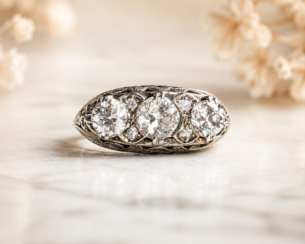 antique Edwardian three stone diamond ring in 18ct white gold with 1.16ct for sale in Leeds