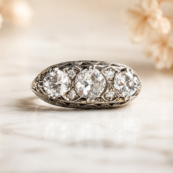 antique Edwardian three stone diamond ring in 18ct white gold with 1.16ct for sale in Leeds