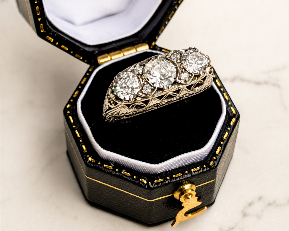 antique Edwardian three stone diamond ring in 18ct white gold with 1.16ct for sale in Leeds in a black ring box