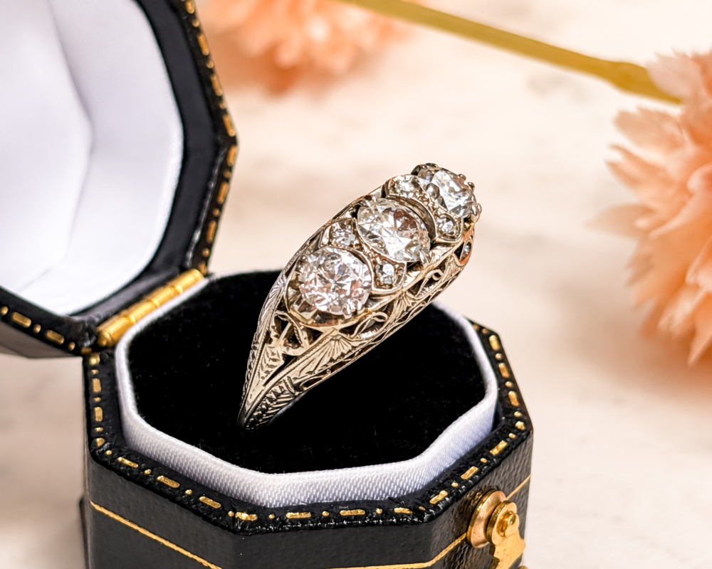 antique Edwardian three stone diamond ring in 18ct white gold with 1.16ct for sale in Leeds in a black ring box