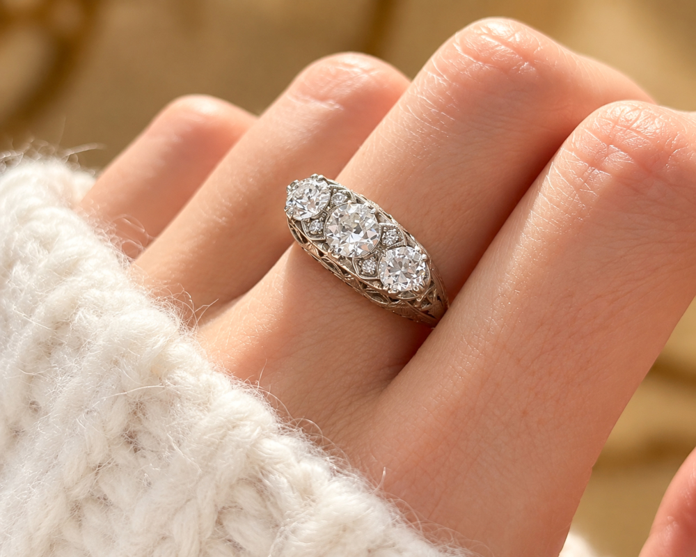 antique Edwardian three stone diamond ring in 18ct white gold with 1.16ct for sale in Leeds, shown on a model's hand