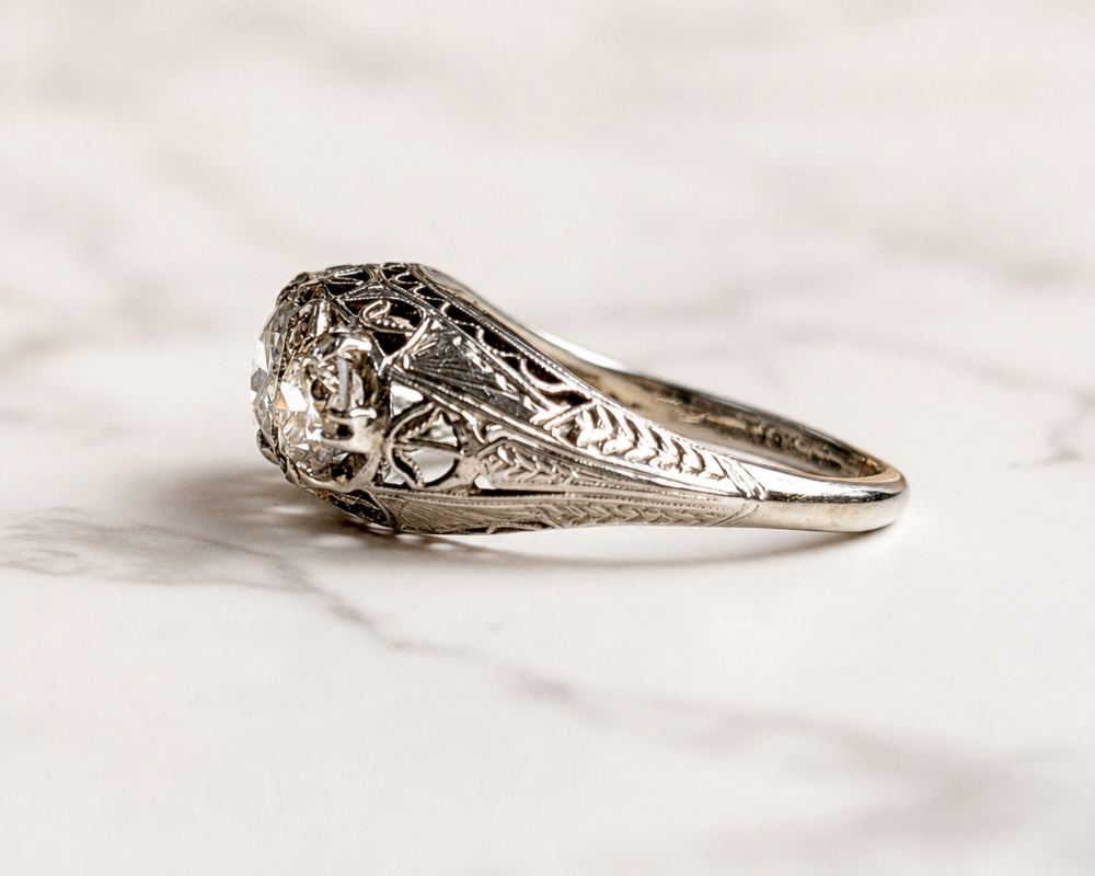 antique Edwardian three stone diamond ring in 18ct white gold with 1.16ct for sale in Leeds showing side view