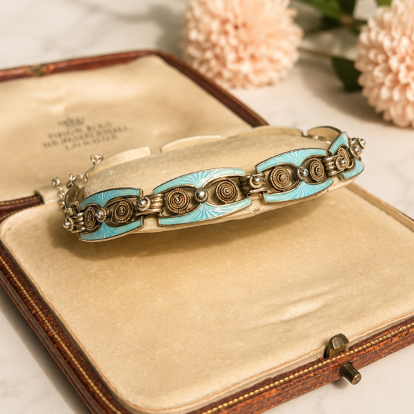 antique Marius Hammer silver and enamel bracelet in box